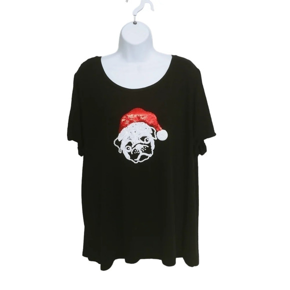 Source Unknown Tops - Christmas Sequin Pug Black Tshirt  2X
